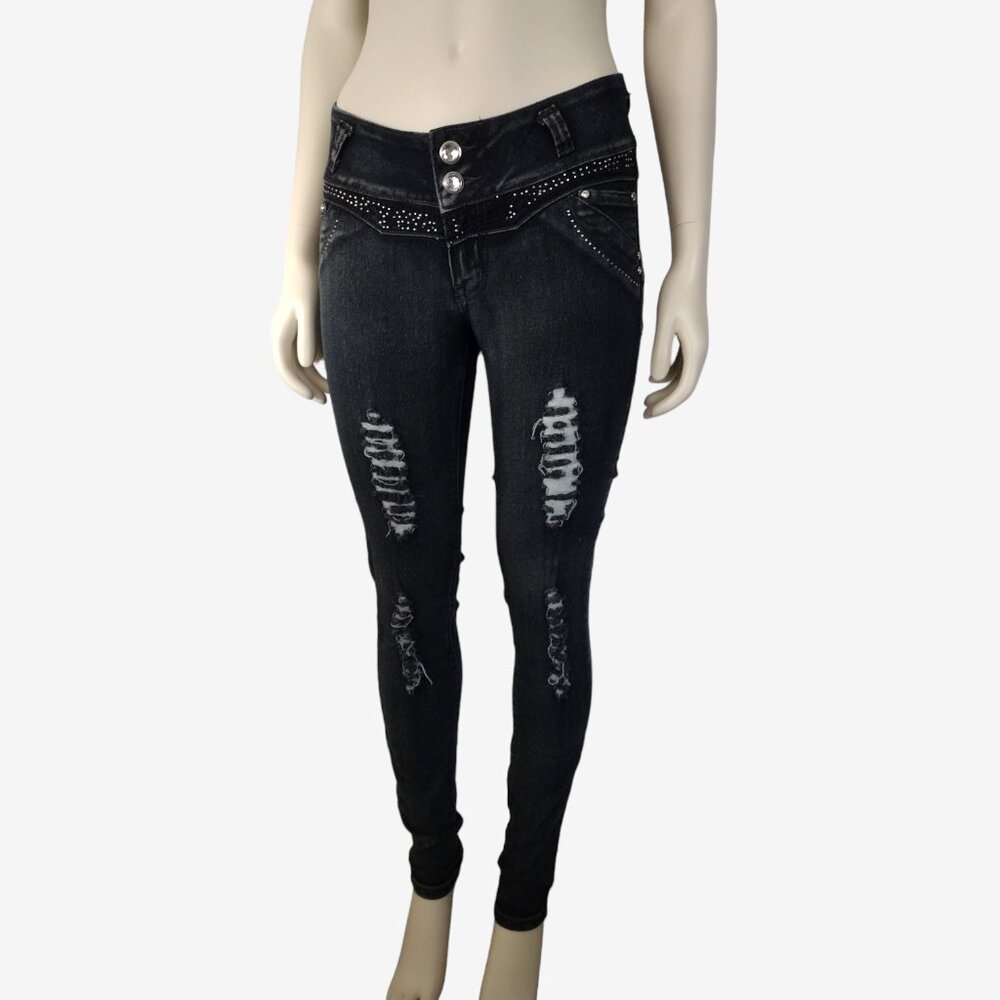 Vintage 2000s Low Rise Stretch Denim Distressed Jeweled Skinny Jeans - Picture 3 of 12